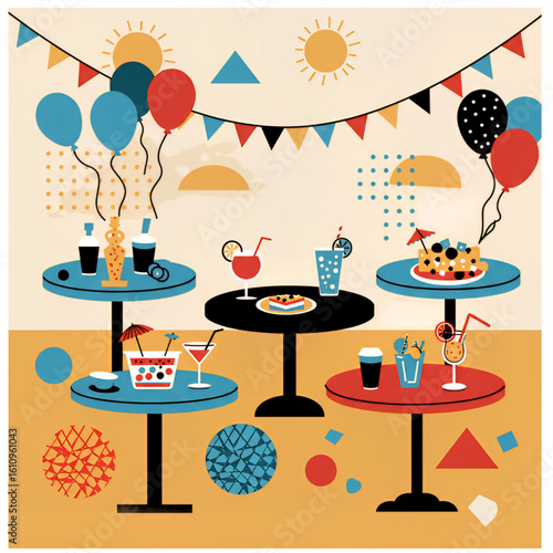 Colorful vector illustration of a cafe table outdoors with coffee, desserts, and drinks. Summer-themed composition perfect for food, beverage, and cafe-related designs.
