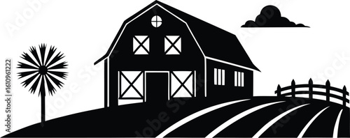 Barn and Field Vector Silhouette Clipart Farm Scene Illustration Rustic Landscape Elements