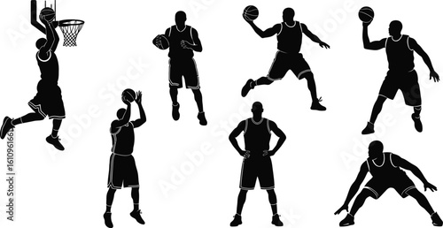 Basketball players silhouette collection action poses and playing basketball for sport advertising and team designs vibrant energy and athletic performance