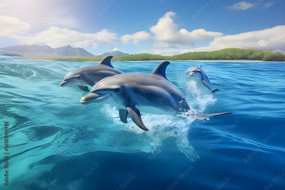 Fototapeta premium A playful group of dolphins riding the wake of a boat in crystal-clear waters
