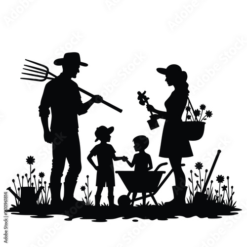 Family gardening silhouette with pitchfork and flowers father mother
