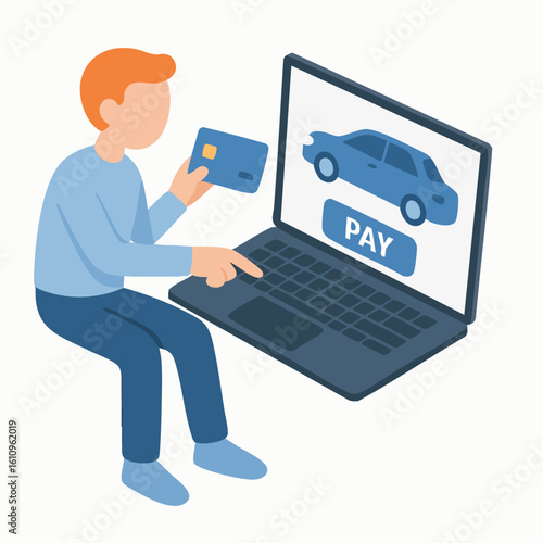 Isometric Young Man Paying Car Insurance Online Using Laptop Illustration