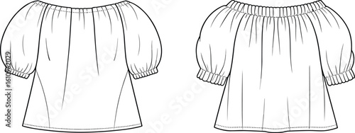 CAD drawing flat vector illustration of off-shoulder blouse, puff sleeves, elastic neckline, stylish casual garment design, front and back views layout