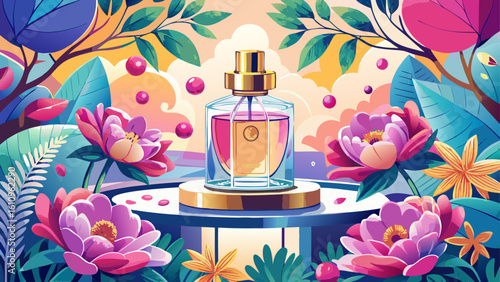 very Beautiful  close up Picture an exquisite scene where a bottle of perfume takes center stage atop a table, surrounded by a lush arrangement of pink flowers white background.