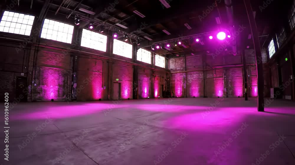 Pink-lit industrial warehouse event space