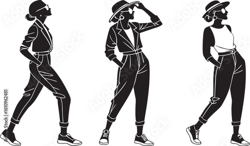 Fashionable woman poses in stylish outfit with high waisted pants and blouse for editorial and design Art & Illustration