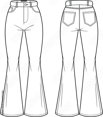 Stylish denim mini-skirt flat sketch fashion illustration, front and back views, with detailed stitching, pockets, waistband, and button closure, versatile apparel design for modern women's fashion.