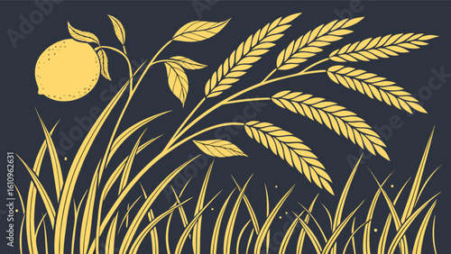 Illustration of a lemon tree with leaves and wheat stalks in a field on a dark background