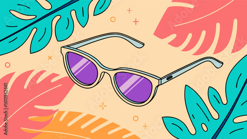 Sunglasses with purple lenses surrounded by tropical leaves in a colorful summer themed design