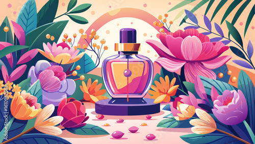 very Beautiful  close up Picture an exquisite scene where a bottle of perfume takes center stage atop a table, surrounded by a lush arrangement of pink flowers white background.