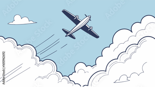 Airplane flying through the sky with clouds and contrails in a cartoon style illustration design scene