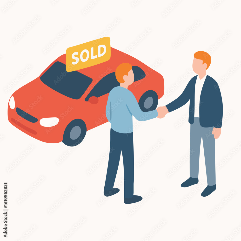 Obraz premium Isometric Two Men Handshake After Car Purchase Transaction Illustration