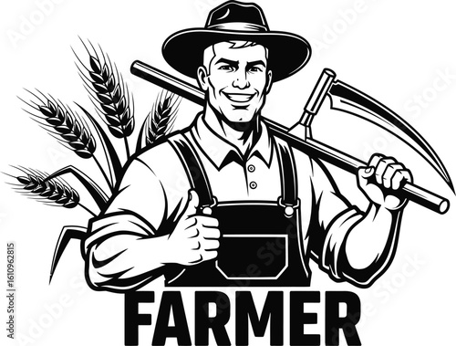Smiling farmer with scythe and wheat illustration a symbol of agriculture and rural life farm worker in black and white