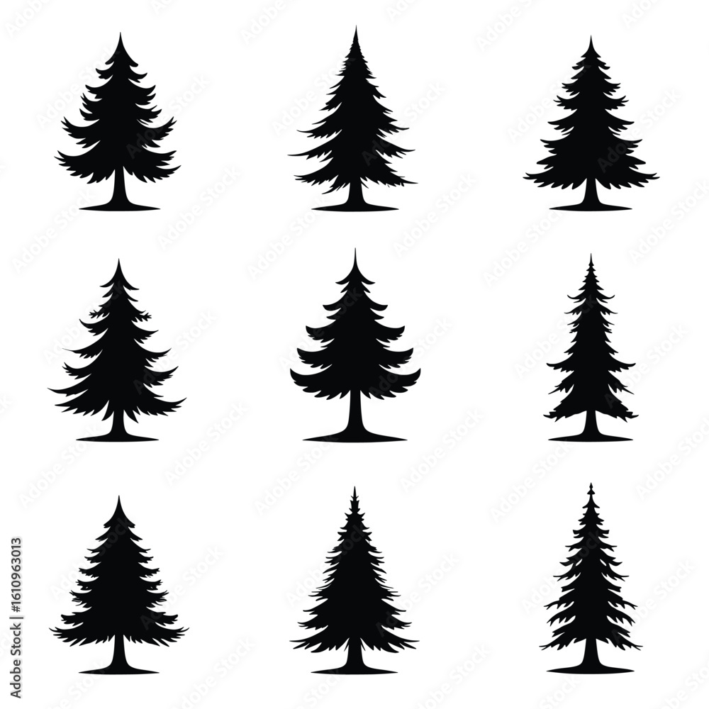 Obraz premium A Collection Of Nine Stylized Evergreen Tree Silhouettes Displayed Against A White Backdrop