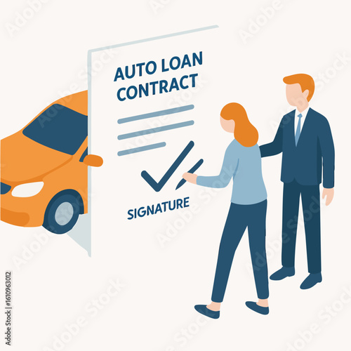 Flat Illustration Auto Loan Contract with Car and People Agreement