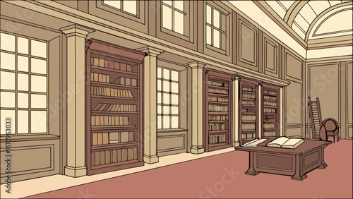 Illustration of a library interior with bookshelves, windows, table and chair with a ladder inside