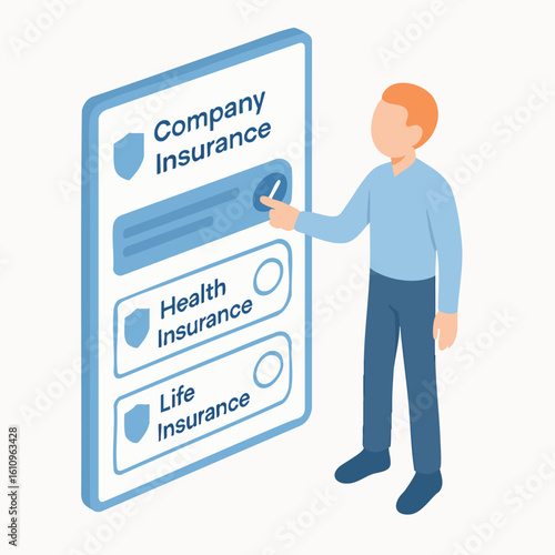 Isometric Man Selecting Insurance Option on Mobile Phone Application Illustration