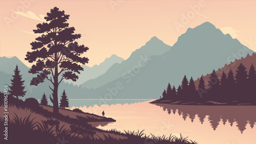 Silhouette of a tree on a lakeside with mountains and forest in the background at sunset landscape