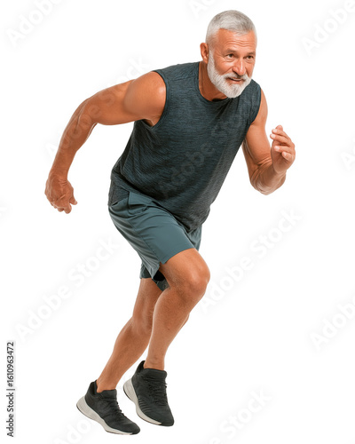 Energetic senior man running sprint isolated on transparent background