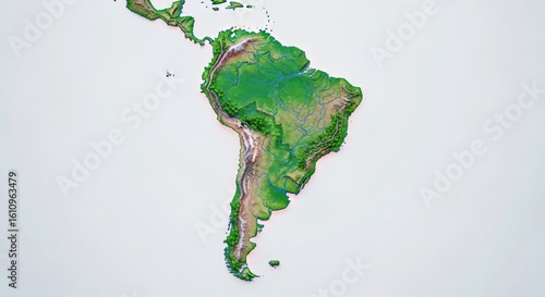Topographical map of South America with detailed elevation showing green forests, brown mountains, and surrounding ocean on a white background.