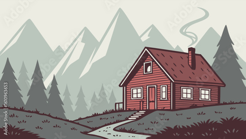 Illustration of a cozy cabin nestled in a mountainous landscape with evergreen trees and winding path way home