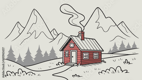 Illustration of a red cabin with smoke coming from the chimney and mountains in the background