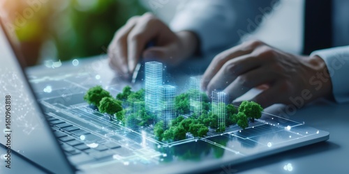 engineer blueprints sustainability Concept. Digital city planning with hands designing a green landscape on a laptop screen.