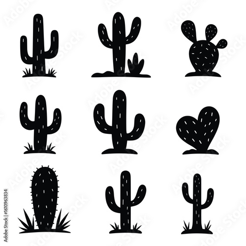 A Silhouette Image Of A Tall Cactus With Grassy Plants At Its Base Against White Ground