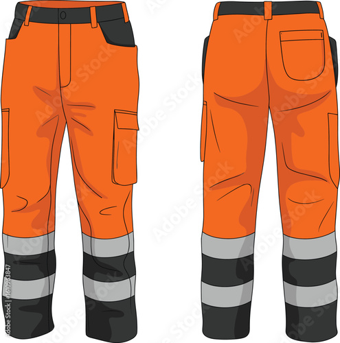 CAD drawing flat vector illustration of orange high visibility safety cargo pants, front and back view, reflective workwear design, utility garment, technical fashion sketch