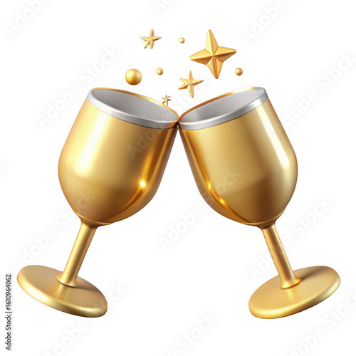 3d golden champagne glasses toasting isolated on transparent background