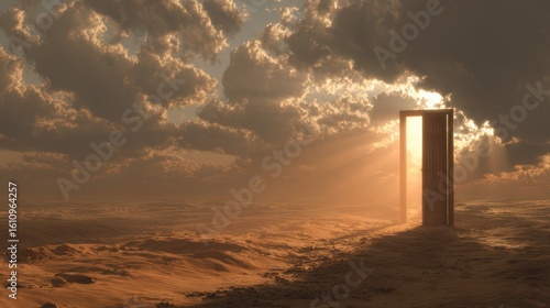 A doorway stands on a vast sandy plain, light streams in from the opening