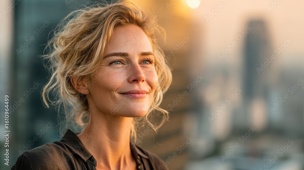 Obraz premium Smiling woman looks optimistically toward future, skyline backdrop. Use for concepts like hope, success, dreams, aspiration, progress.