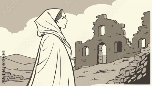 Woman in headscarf gazing at ancient ruins in a desolate landscape under a cloudy sky in monochrome