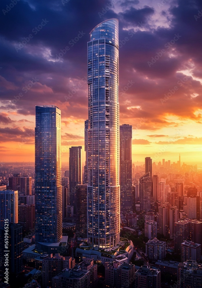 Fototapeta premium hong kong skyline at sunset, City skyscrapers under a sunset sky, 都会の高層ビルと夕焼け空