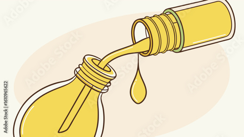 Yellow liquid being poured from a container into a lightbulb shaped container illustration style