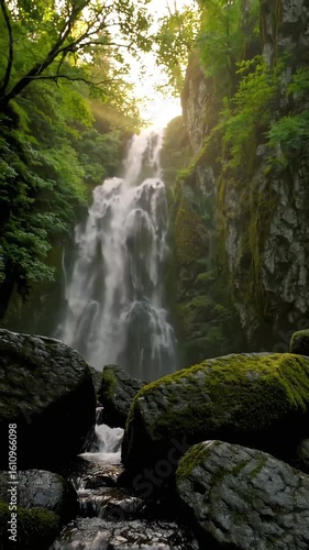 Waterfall Flowing Through Mossy Rocks in Lush Forest Setting