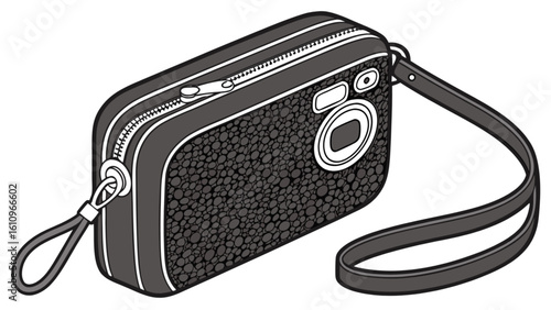 Illustration of a compact digital camera with a textured body and a wrist strap on a white background