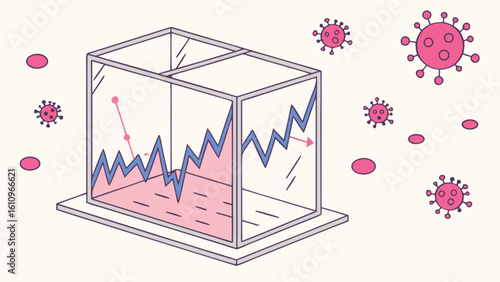 Illustration of a rising and falling graph inside a box with virus cells around it on a white background