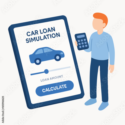 Flat Design Car Loan Simulation on Tablet Device Illustration
