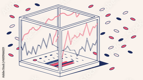 Isometric cube containing fluctuating line graphs with scattered oval shapes around it art style