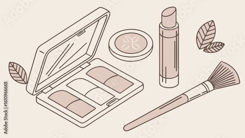 Isometric illustration of makeup palette, brush, lipstick, and leaves on a light background