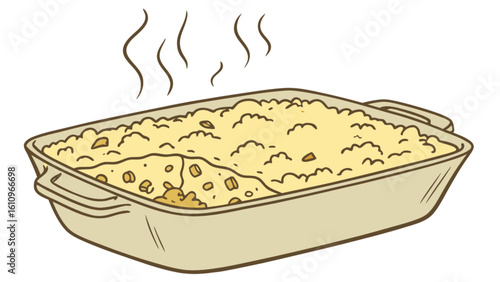 Illustration of a casserole dish with a cheesy topping and steam rising from the hot baked food