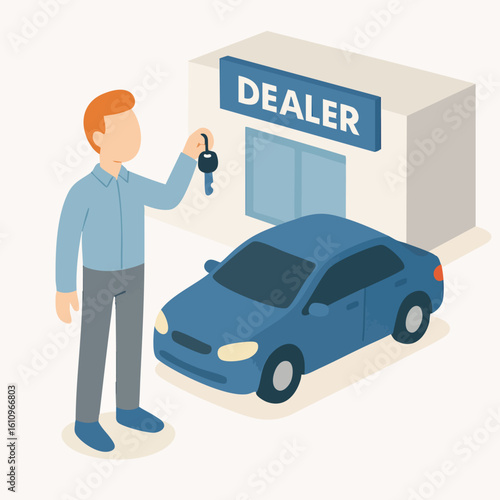 Isometric Style Buying Vehicle Car From Dealer Flat Design Illustration