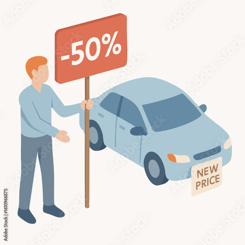 Isometric Style Illustration of Man Presenting Discounted Car Price Promotion
