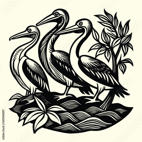 Abstract floral background with a wild pelican bird featuring its beak and feathers in nature's water