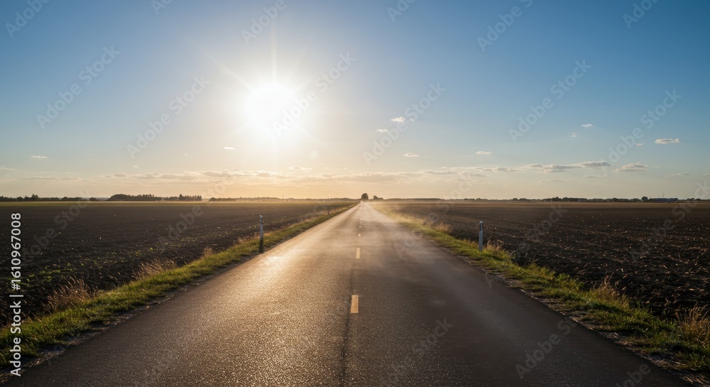 Naklejka premium Serene Country Road Under Bright Sunlight with Clear Blue Sky and Expansive Fields in Background