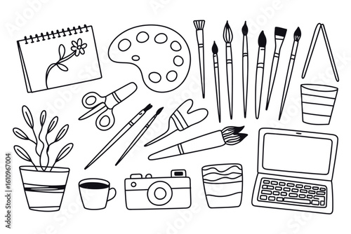 Hand-Drawn Illustration of Artistic Tools and Craft Supplies – Creative Hobby Collection Featuring Brushes, Paint, Scissors, Pencils, and Art Materials in a Fun Sketch Style


