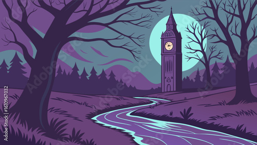 Illustration of big ben and river in a forest under a full moon in the night with trees around it