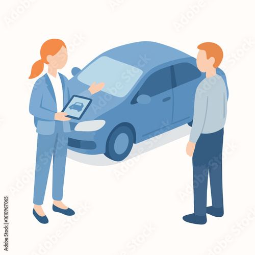 Flat Style Man and Woman Discussing New Car Purchase Illustration