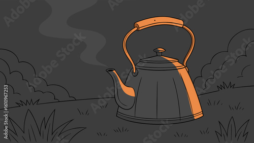 Illustration of a steaming tea kettle on a dark background with grass and cloud outlines shown